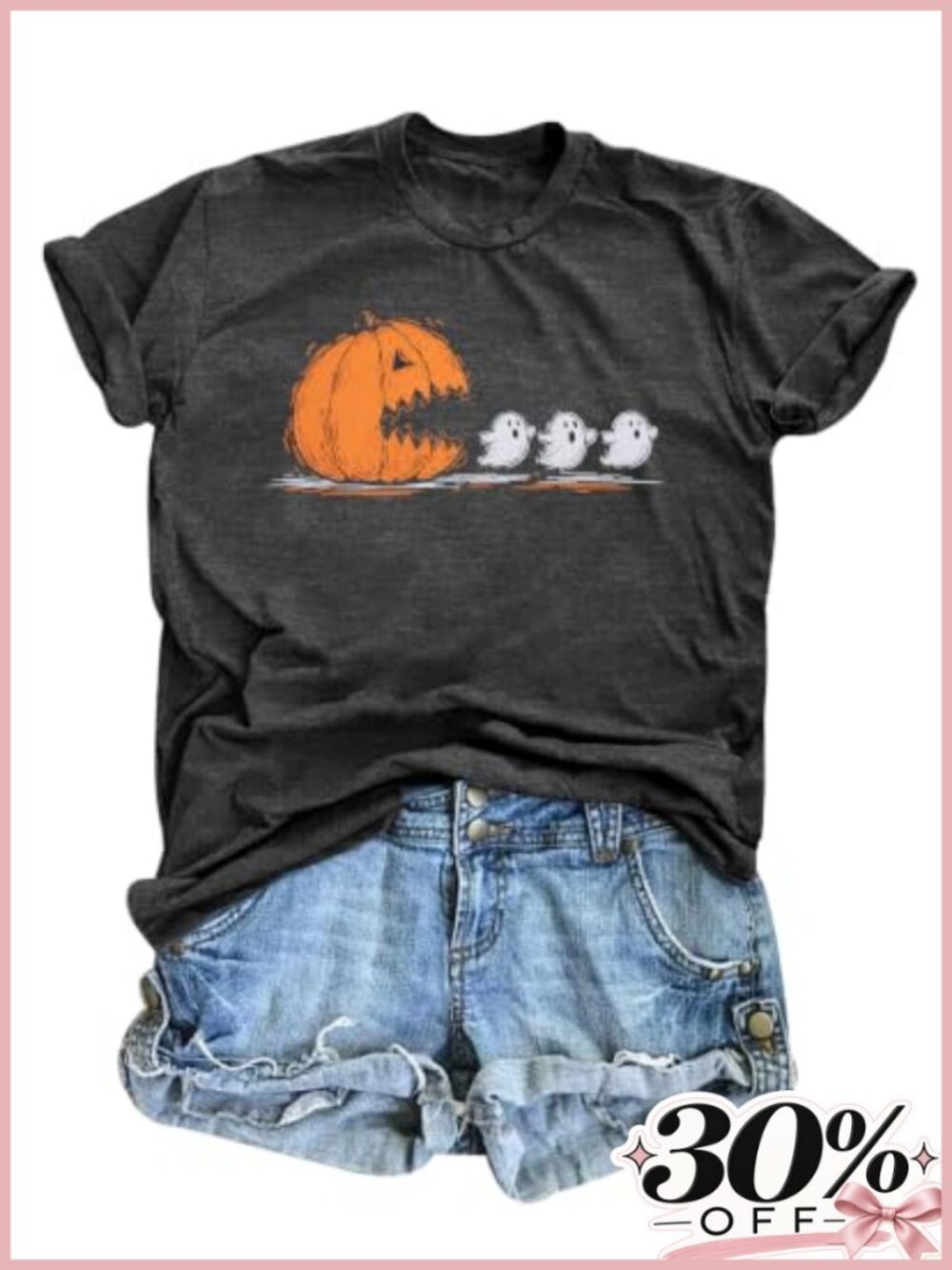 Halloween Witch Crew Neck T-Shirt, Cute Ghost Print Cotton Blend Short Sleeve